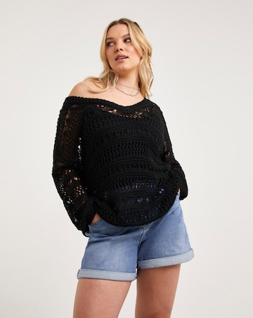 Black Pointelle Wide V Neck Jumper