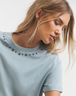 Simply Be Blue Embellished Neckline T-Shirt