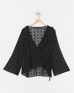 Black Oversized Dobby Wrap Long Sleeve Blouse