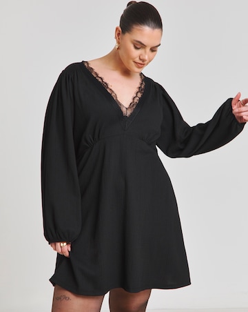 Black Long Sleeve Waffle Lace Trim Skater Dress