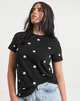 Black Ditsy Daisy Embroidery T-Shirt