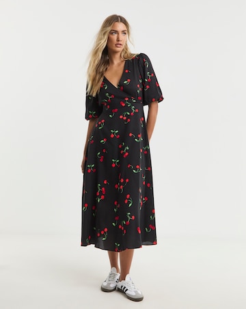 Cherry Print Spun Viscose Wrap Midi Dress