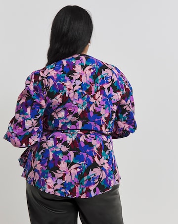 Abstract Printed Wrap Top With Shirred Cuff