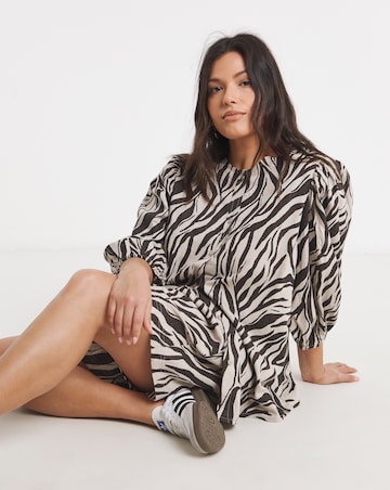 Zebra Puff Sleeve Button Down Linen Mix Top