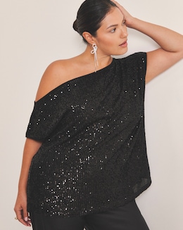 Black Linear Sequin Off The Shoulder Top