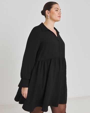 Black Herringbone Twill Smock Dress With Pockets
