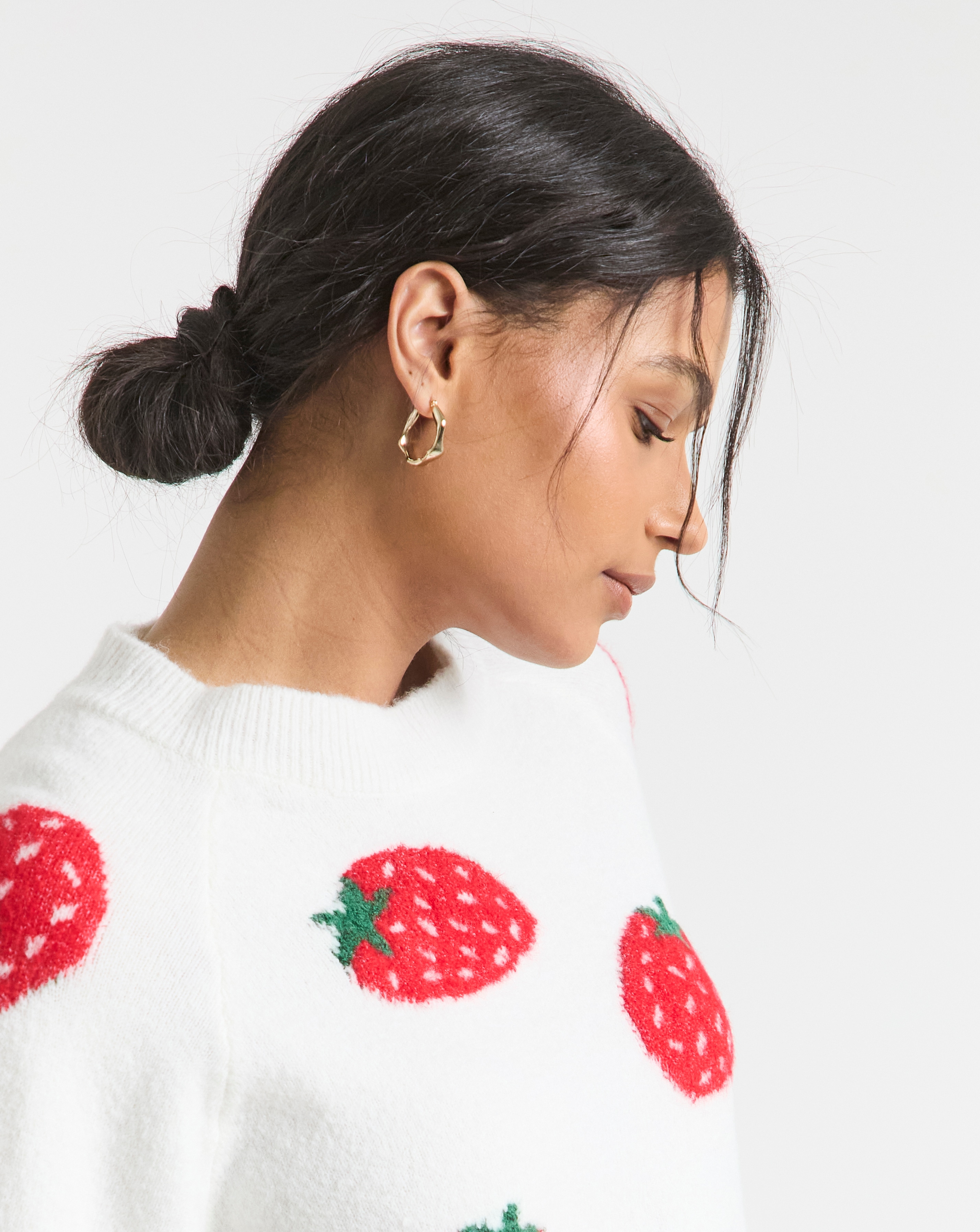 Ivory Strawberry Print Half Sleeve Knitted Tee | Simply Be