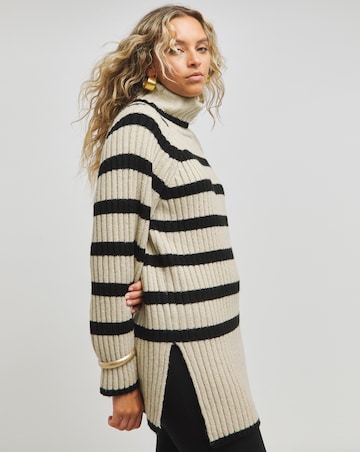 Beige and Black Stripe Roll Neck Jumper