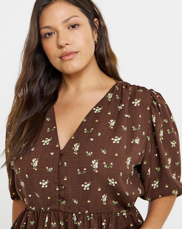 Button Through Chocolate Floral Peplum Blouse