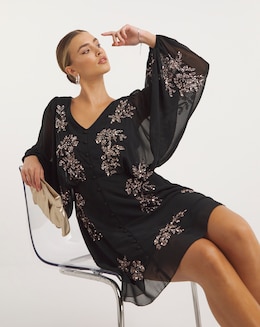 Maya Deluxe Buttoned Floral Sequin Embellishment Mini Dress