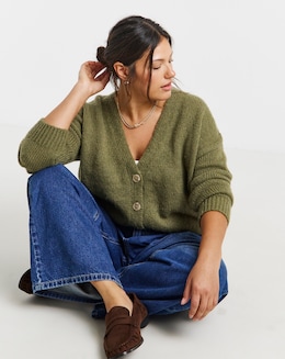 Simply Be Olive Fluffy Overstitch Boyfriend Cardigan