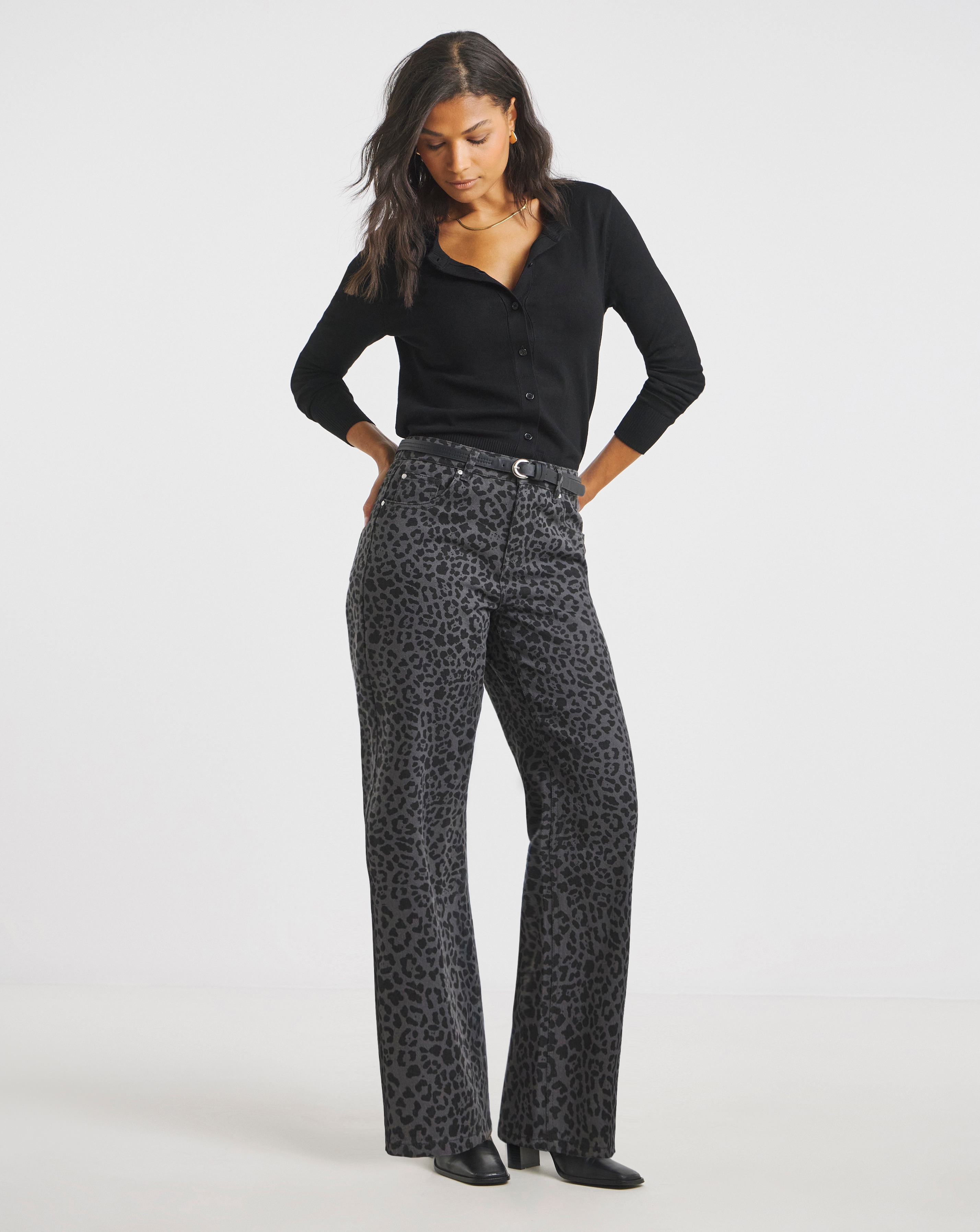 Simply Be Grey Leopard Wide Leg Jeans