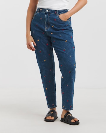 Indigo Fruit Salad Embroidered Mom Jeans