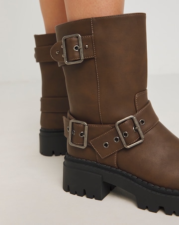 Stevie Multi Buckle Chunky Ankle Biker Boots Extra Wide EEE Fit