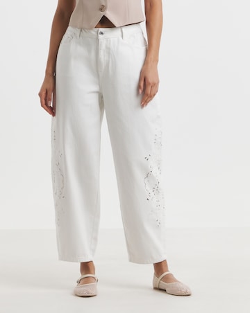 Simply Be White Broderie Detail Barrel Leg Jeans