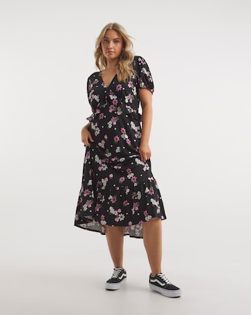 Black Floral Supersoft Jersey Tiered Frill Midi Dress