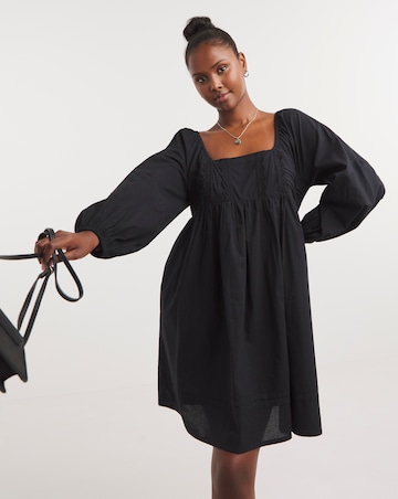 Sqaure Neck Poplin Smock Dress with Trim Detailing
