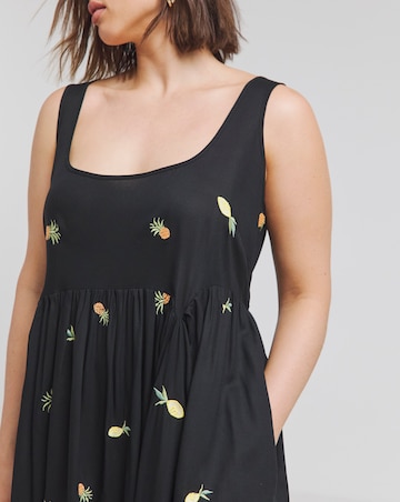 Black Embroidered Fruit Midi Sundress