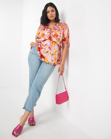 Retro Floral Print Satin Ruffle Front Blouse