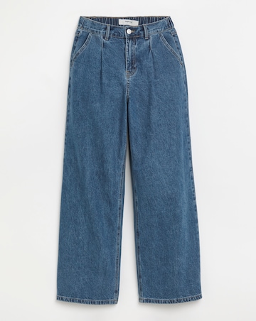 Mid Blue Pleat Detail Wide Leg Jeans