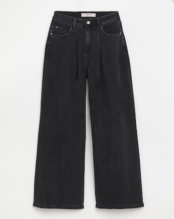 Washed Black Double Pleat Detail Wide Leg Jeans