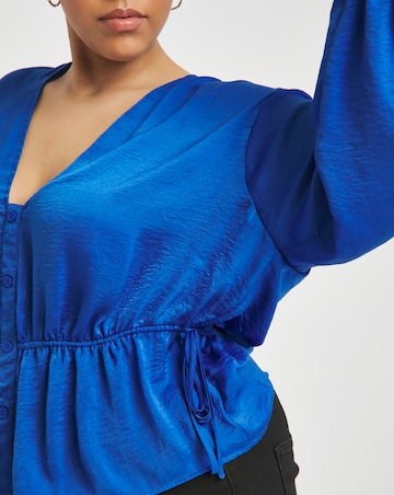 Simply Be Blue Velvet Satin Button Through Long Sleeve Blouse