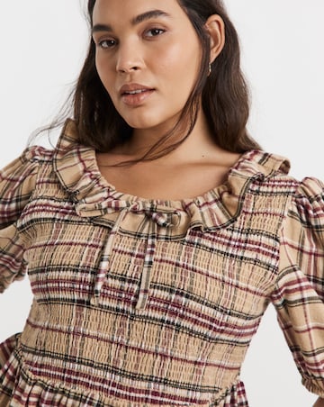 Native Youth Brushed Check Shirred Top with Frill and Peplum
