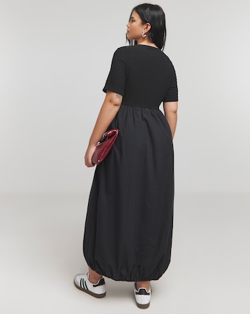 Black Jersey Poplin Mix Puffball Midi Dress
