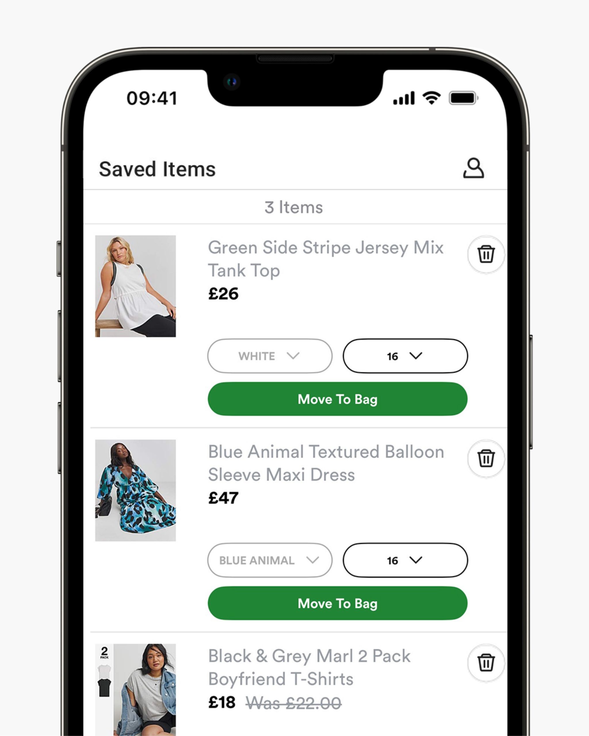 Saved items on the app page
