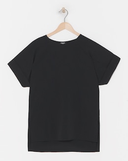 Black Roll Sleeve Dip Back Woven Boxy Blouse