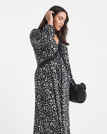 Black Print Supersoft Lace Trim Midi Dress