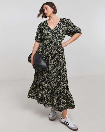Ditsy Print Textured Puff Sleeve Midi Dress