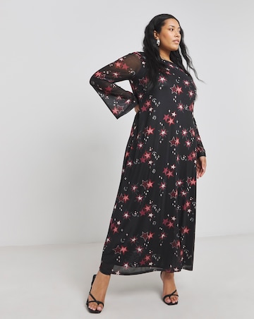 Star Printed Long Sleeve Scoop Back Mesh Maxi Dress