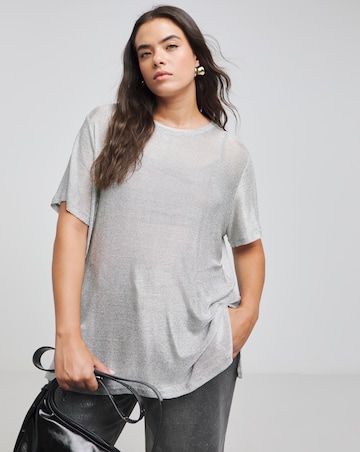 Silver Metallic Longline Side Split T-Shirt