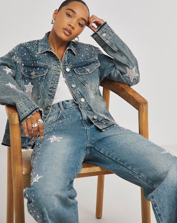 Simply Be X Twisted Wunder Mid Wash Star Embellished Boyfriend Denim Jacket