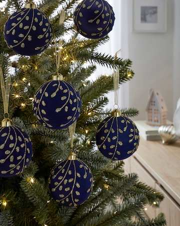 Set of 6 Flocked Navy and Gold Baubles