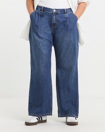 Simply Be Mid Blue Pleat Detail Wide Leg Jeans