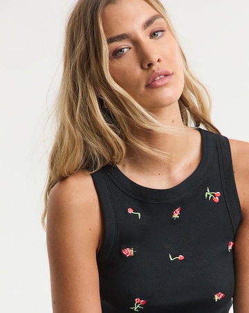 Simply Be Black Ribbed Strawberry & Cherry Embroidery High Neck Tank