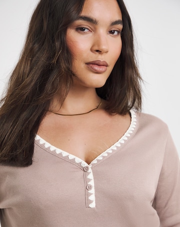 Mocha Ribbed Henley Top with Whipstitching