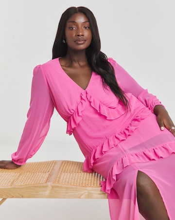 Boutique Pink Long Sleeve Frill Tiered Maxi Dress