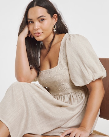 Natural Shirred Linen Blend Skater Dress