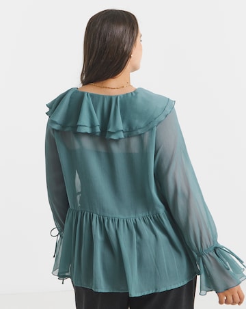 Teal Ruffle Front V Neck Blouse