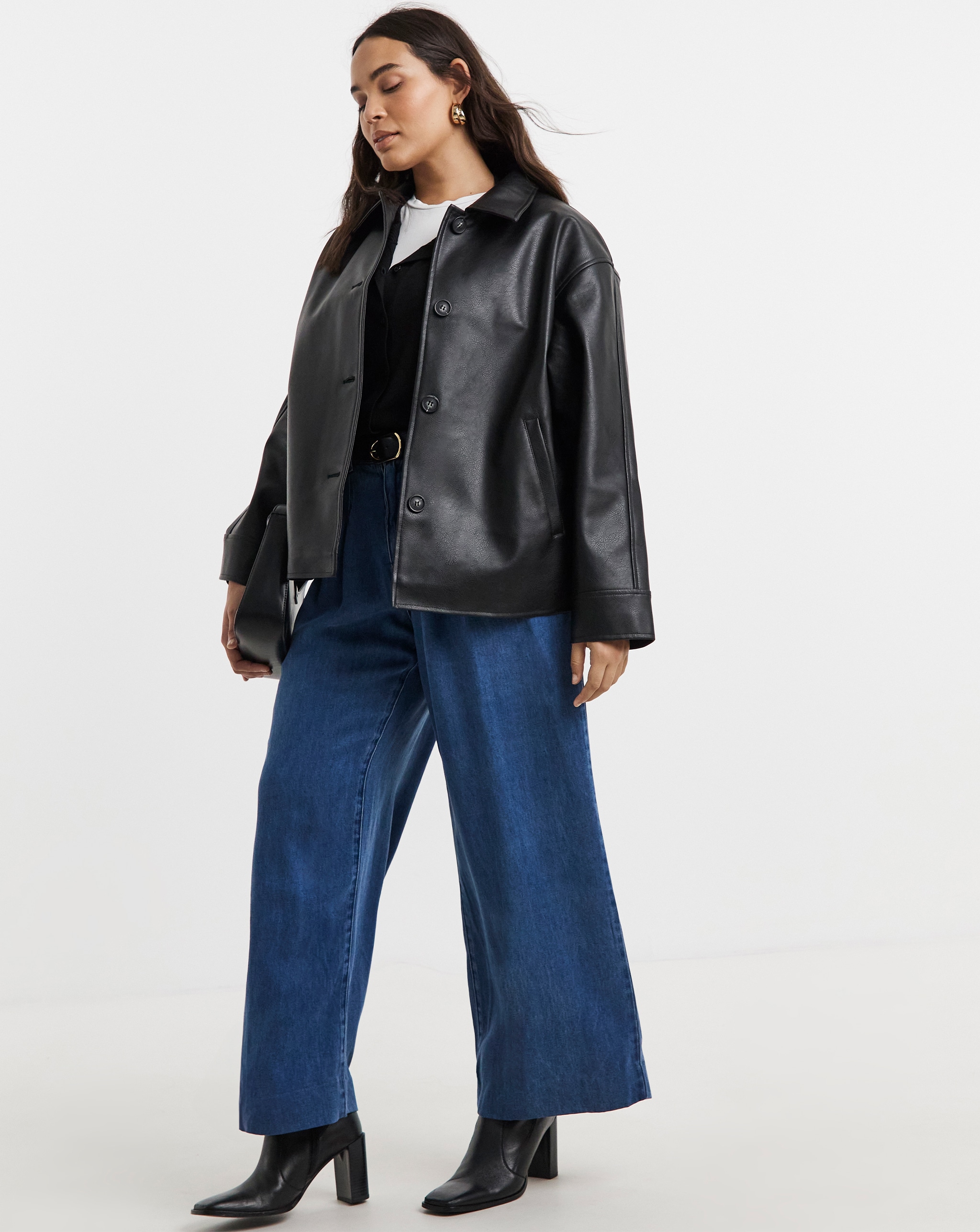 Black Faux Leather Button Through Jacket