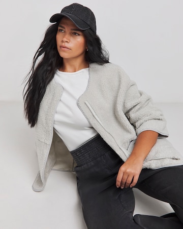 Grey Round Neck Zip Through Borg Jacket