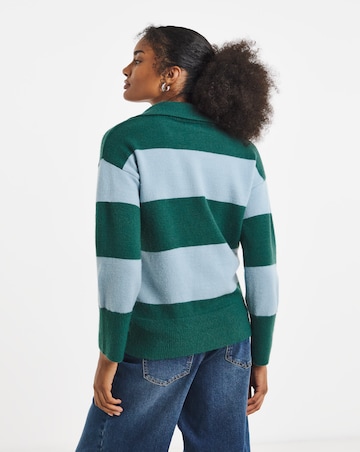 Simply Be Snug Green/Blue Stripe Rugby Collared Knitted Jumper
