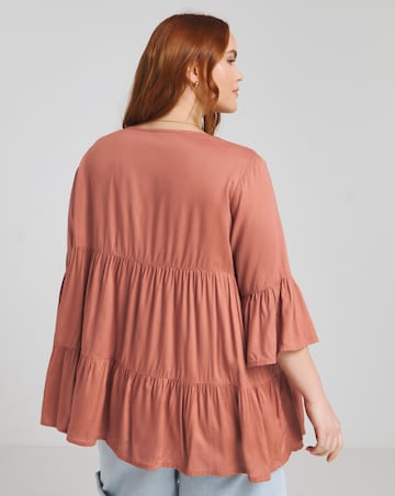 Simply Be Terracotta Viscose V Neck Tiered Smock Blouse