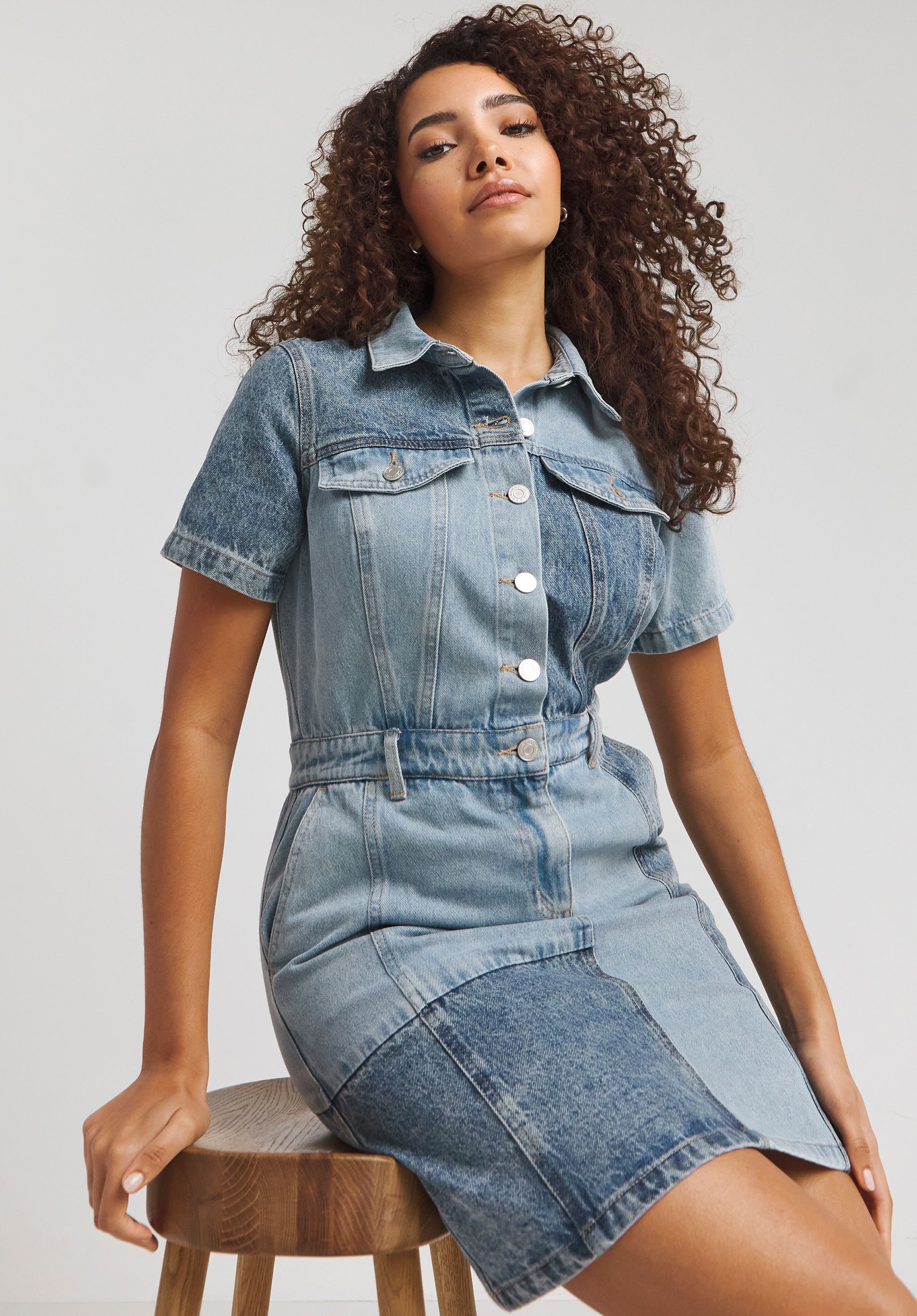 Mid Blue Patchwork Denim Dress