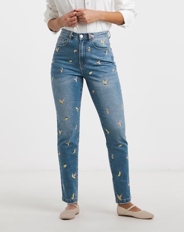 Mid Blue Fruit Embroidered Slim Mom Jeans