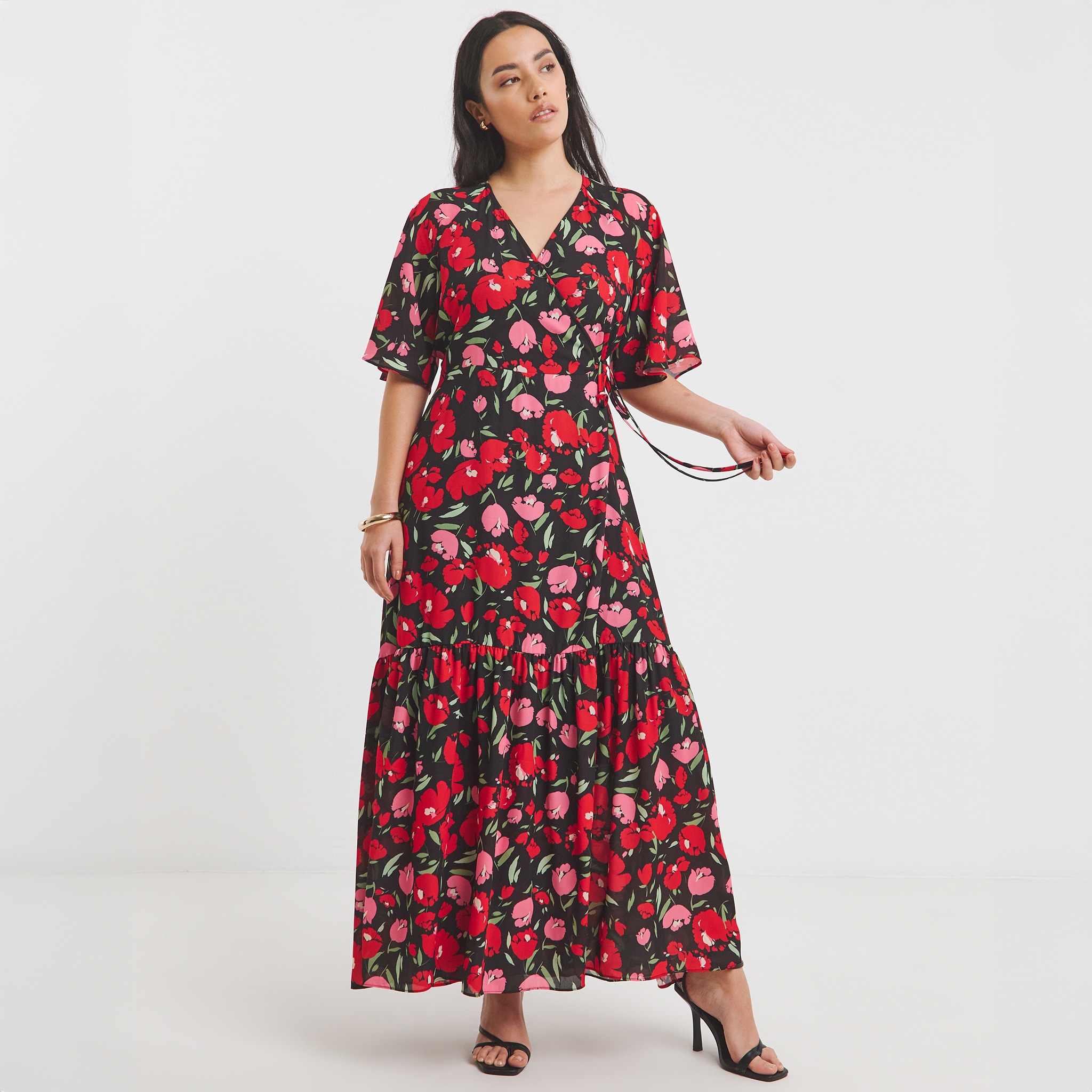 Black and red floral print wrap dress
