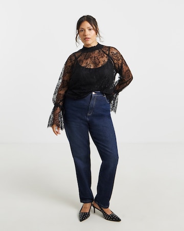Black Eyelash Lace Top With Sleeve Detail